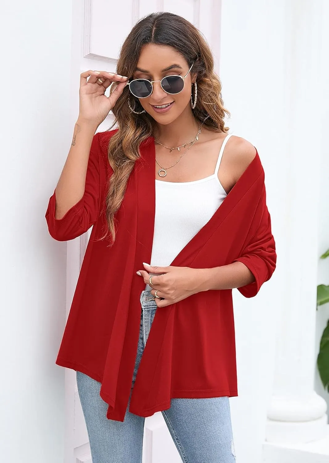 Heymoments Women's Lightweight Open Front Cardigans 3/4 Sleeve Casual Soft Drape Fall Cardigan S-2XL