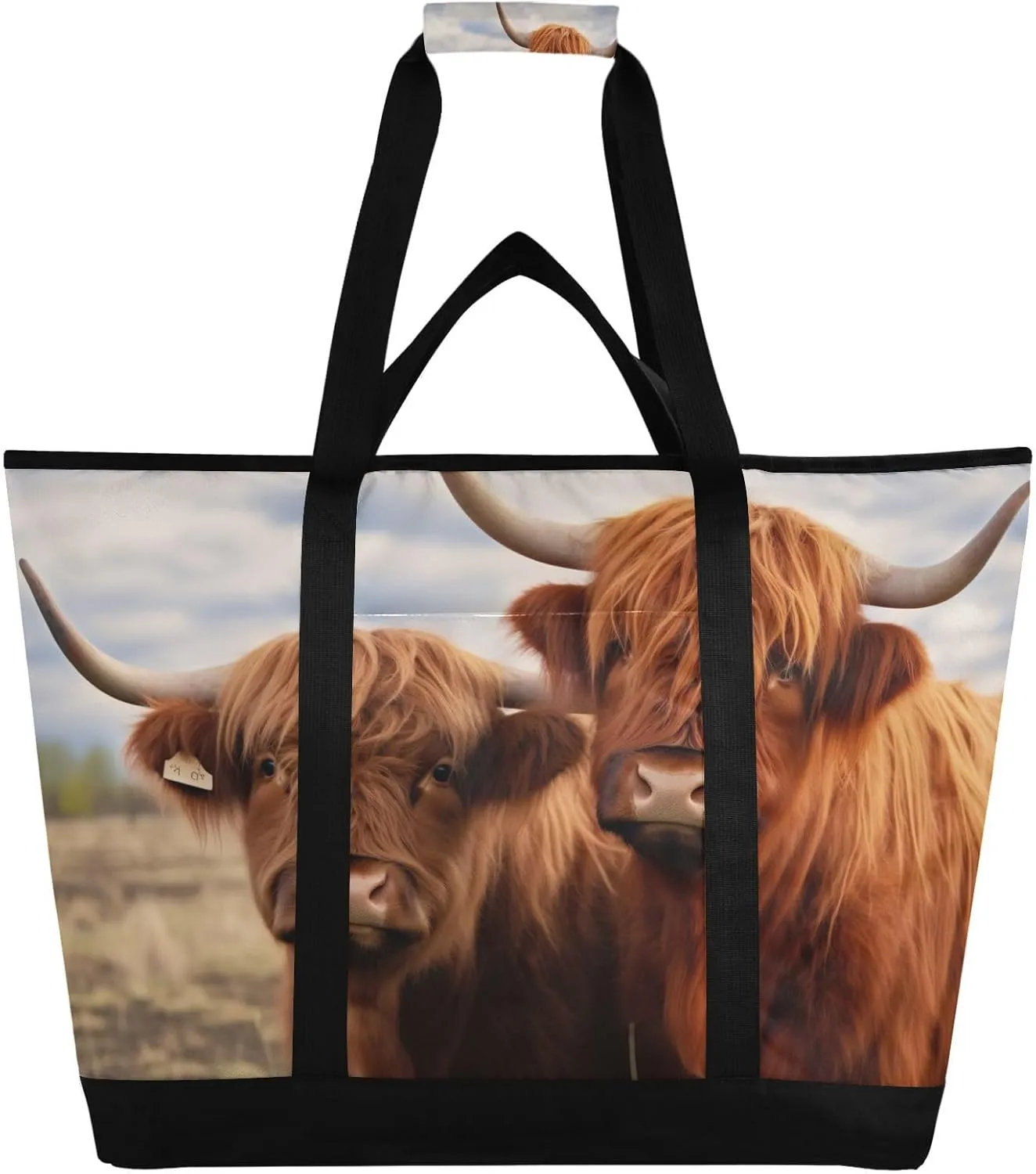 Highland Cows Reusable Insulated Lunchbox Cooler Bag, Leakproof Kitchen Grocery Bag Collapsible Portable Cooler Tote Bag for Picnic, Camping, Office, Travel