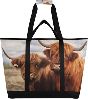 Highland Cows Reusable Insulated Lunchbox Cooler Bag, Leakproof Kitchen Grocery Bag Collapsible Portable Cooler Tote Bag for Picnic, Camping, Office, Travel