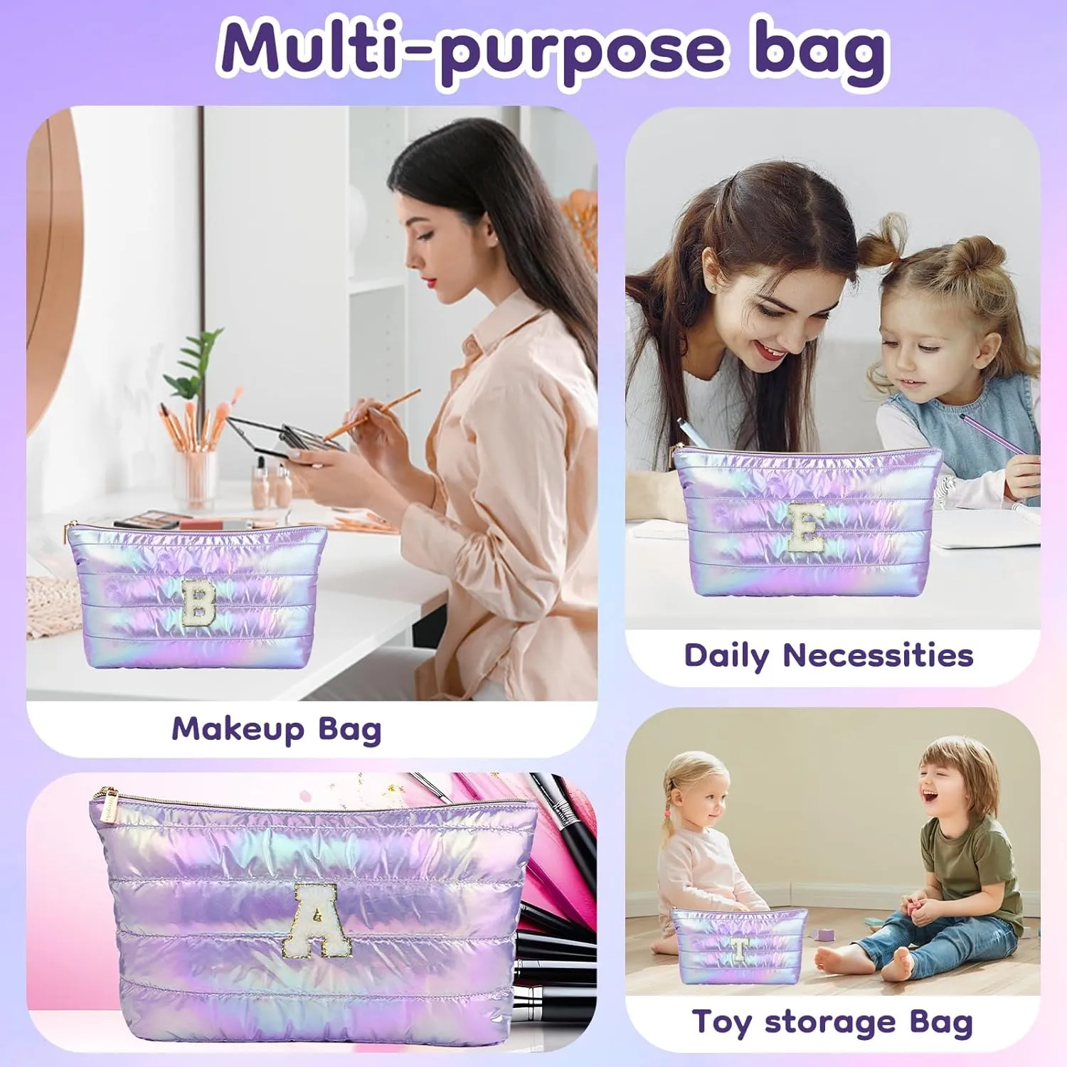 Hiroyuki Iridescent Quilted Makeup Bag (A, purple)