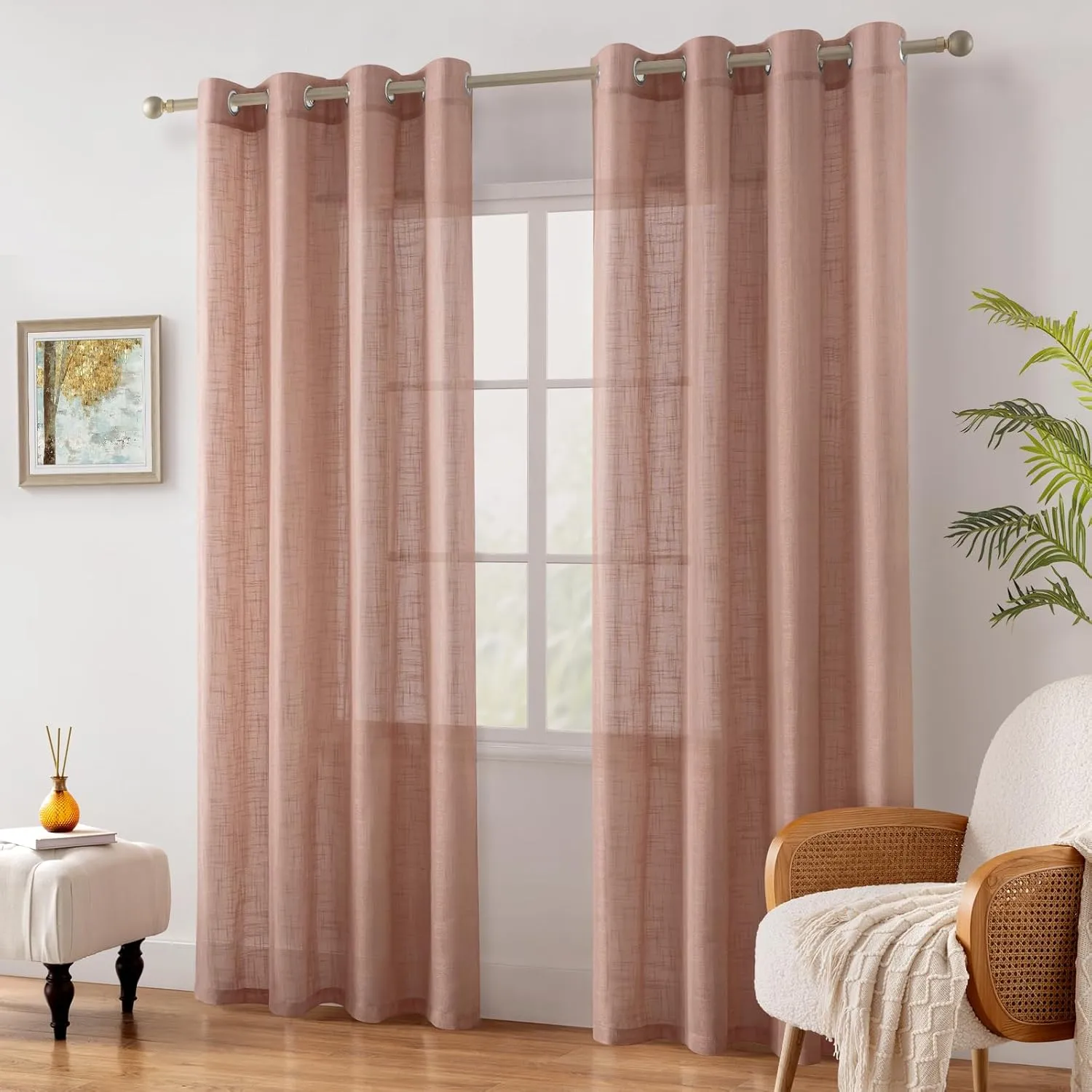 HOMEIDEAS Blush Pink Linen Sheer Curtains, 84 Inches Long 2 Panels Textured Dusty Blush Semi Sheer Curtains Farmhouse Privacy Window Drapes for Bedroom Living Room