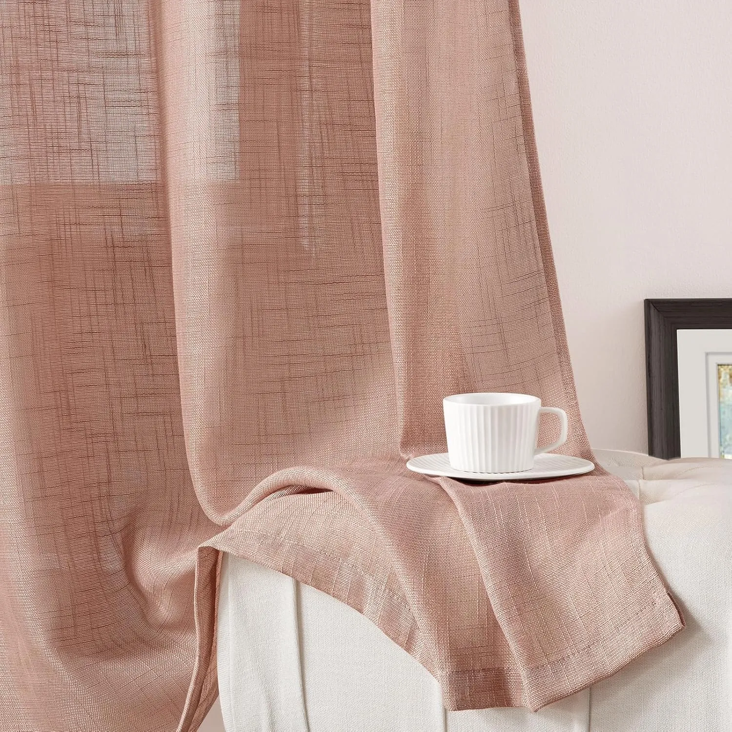 HOMEIDEAS Blush Pink Linen Sheer Curtains, 84 Inches Long 2 Panels Textured Dusty Blush Semi Sheer Curtains Farmhouse Privacy Window Drapes for Bedroom Living Room