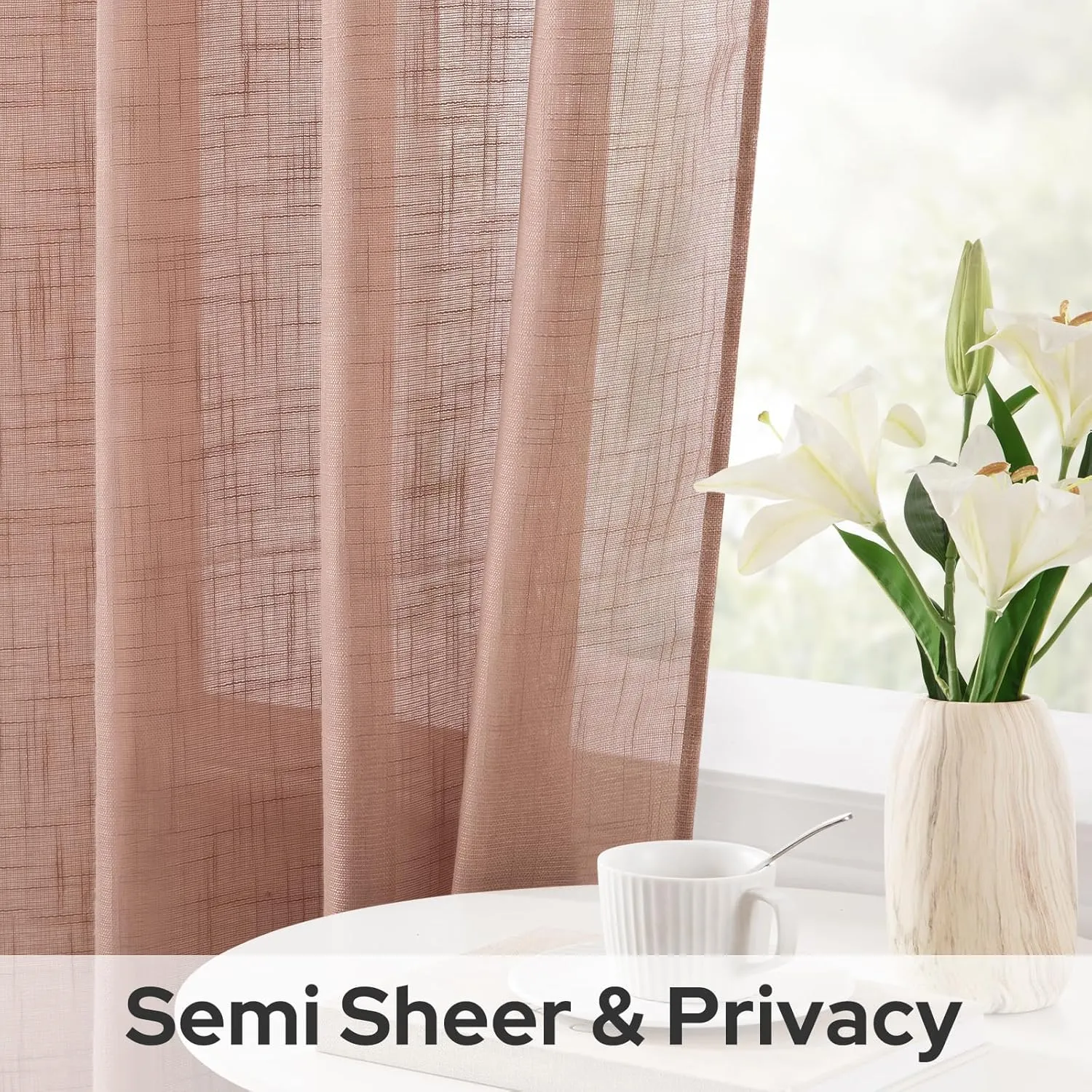 HOMEIDEAS Blush Pink Linen Sheer Curtains, 84 Inches Long 2 Panels Textured Dusty Blush Semi Sheer Curtains Farmhouse Privacy Window Drapes for Bedroom Living Room