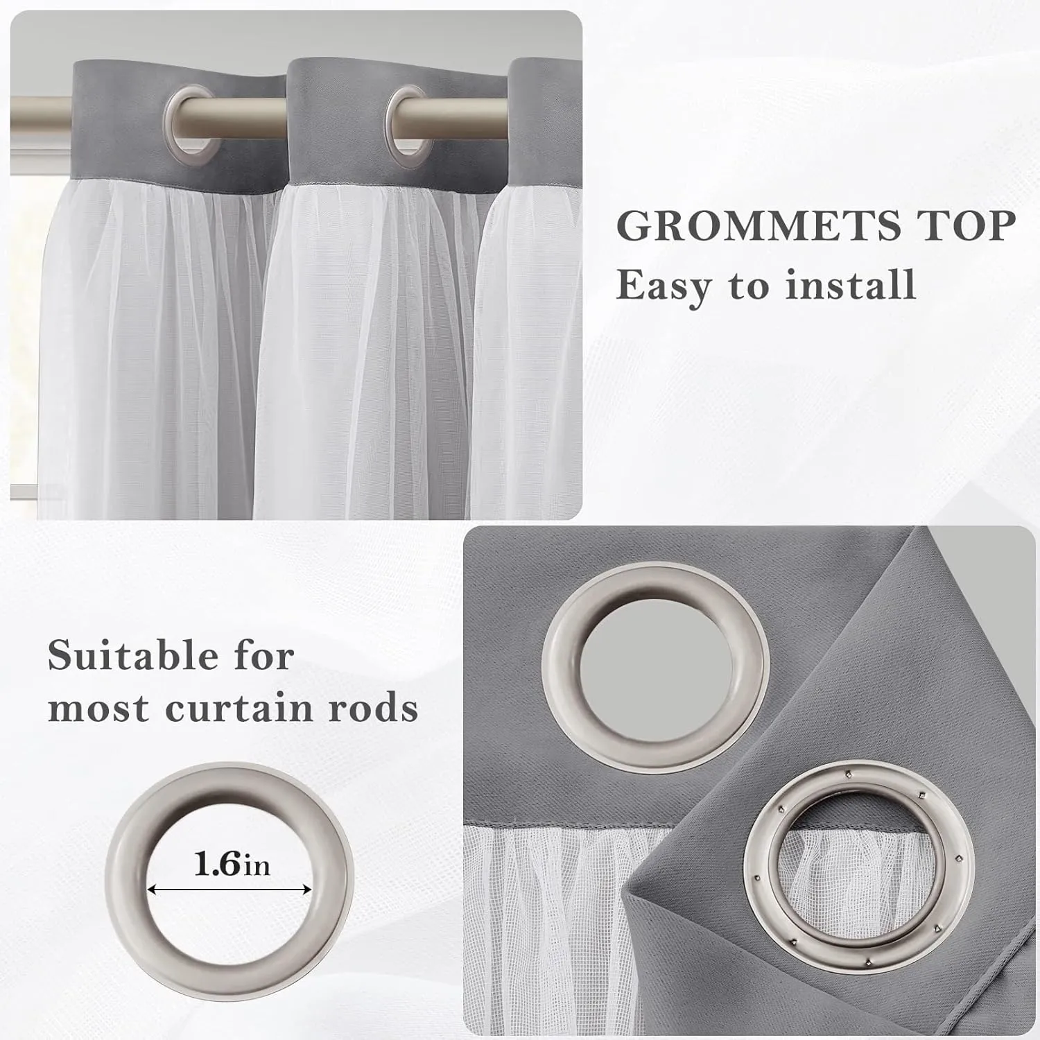 HOMEIDEAS Double Layer Curtains Light Grey Blackout Curtains 84 Inch Length 2 Panels Nursery Grommet Drapes with Sheer Overlay for Girls Kids Bedroom