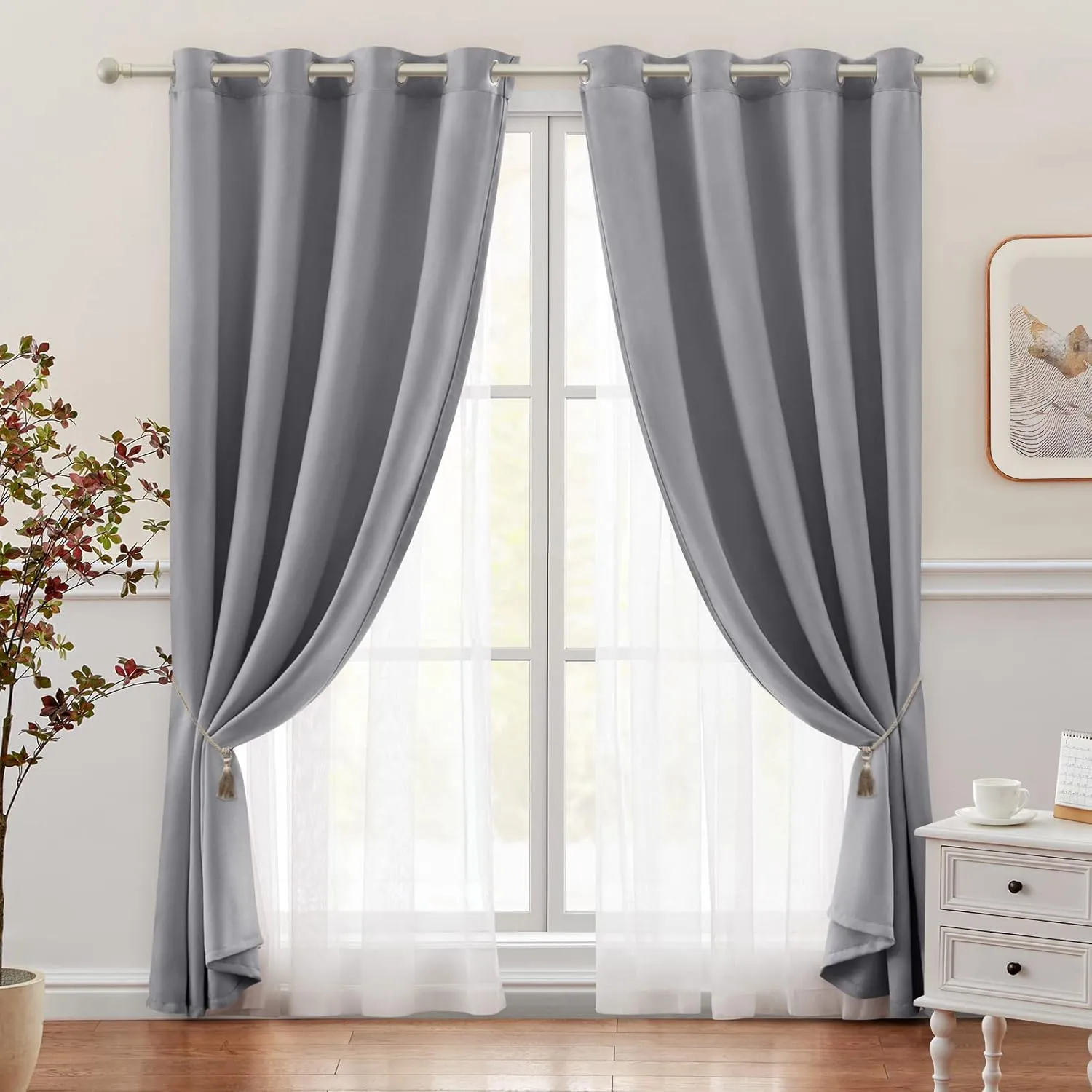 HOMEIDEAS Double Layer Curtains Light Grey Blackout Curtains 84 Inch Length 2 Panels Nursery Grommet Drapes with Sheer Overlay for Girls Kids Bedroom