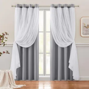 HOMEIDEAS Double Layer Curtains Light Grey Blackout Curtains 84 Inch Length 2 Panels Nursery Grommet Drapes with Sheer Overlay for Girls Kids Bedroom