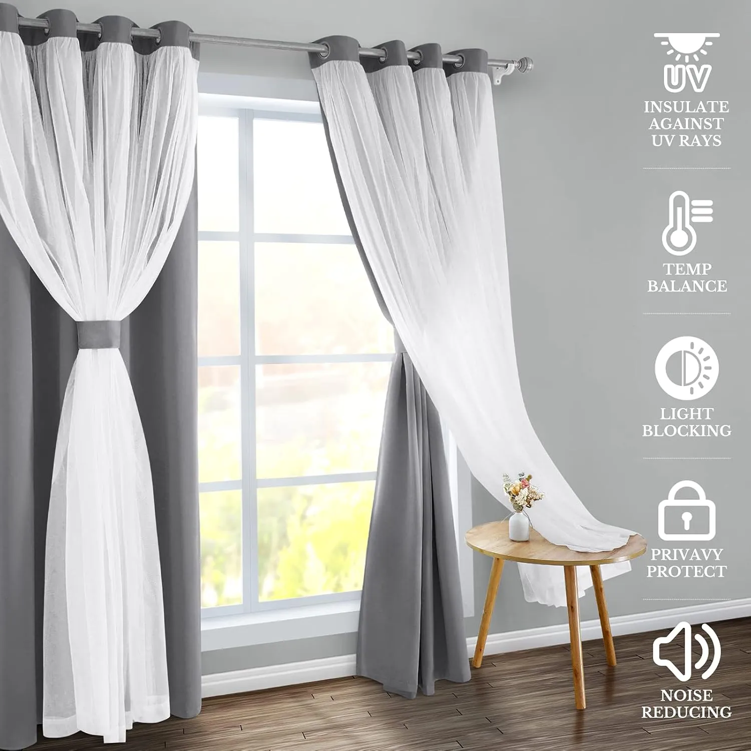 HOMEIDEAS Double Layer Curtains Light Grey Blackout Curtains 84 Inch Length 2 Panels Nursery Grommet Drapes with Sheer Overlay for Girls Kids Bedroom