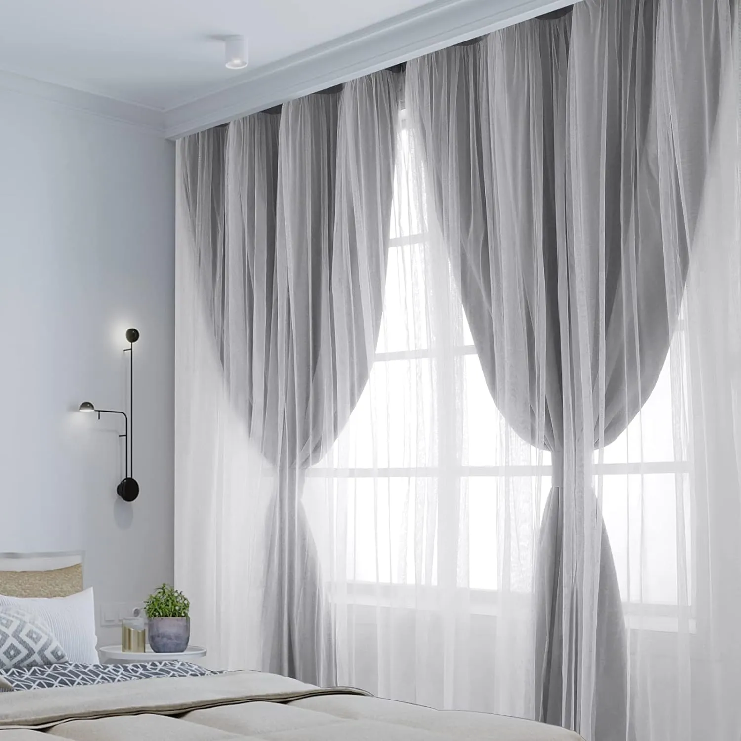 HOMEIDEAS Double Layer Curtains Light Grey Blackout Curtains 84 Inch Length 2 Panels Nursery Grommet Drapes with Sheer Overlay for Girls Kids Bedroom
