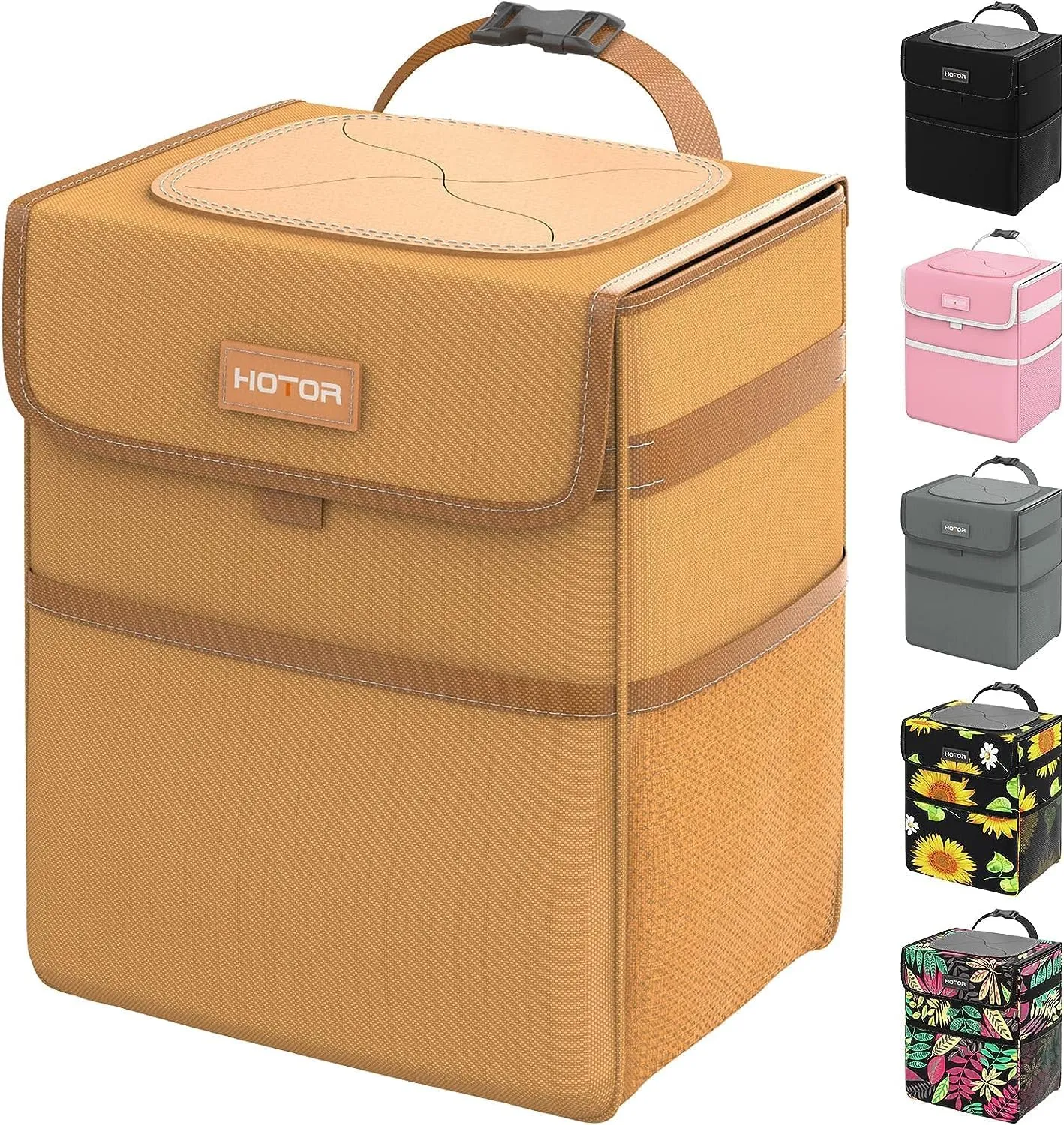 HOTOR Car Trash Can with Lid, Brown Trash Bag Hanging with Storage Pockets, 100% Leak-Proof Garbage Can with Adjustable Straps, Magnetic Snaps, Waterproof Interior Car Bin