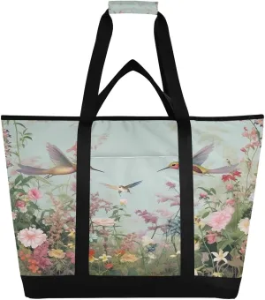 Hummingbirds Flowers Reusable Insulated Lunchbox Cooler Bag, Leakproof Kitchen Grocery Bag Collapsible Portable Cooler Tote Bag for Picnic, Camping, Office, Travel