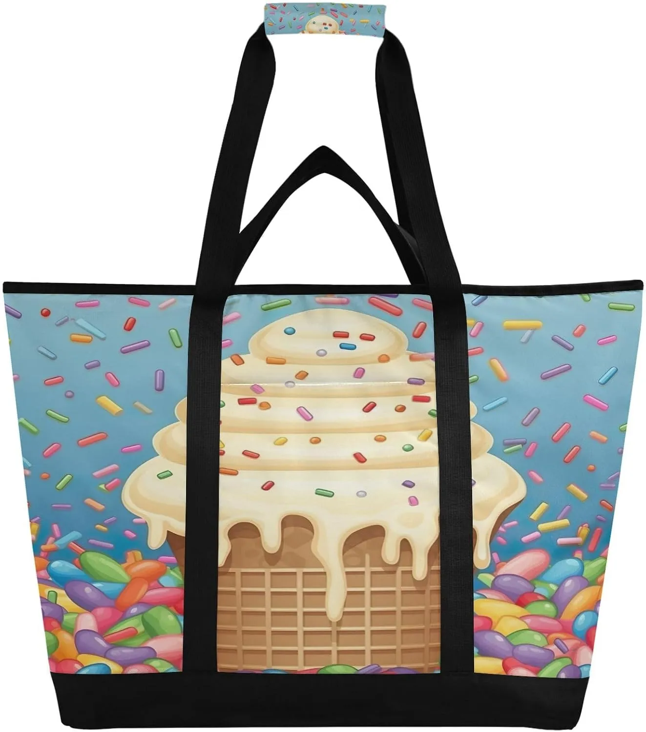 Ice Cream Reusable Insulated Lunchbox Cooler Bag, Leakproof Kitchen Grocery Bag Collapsible Portable Cooler Tote Bag for Picnic, Camping, Office, Travel