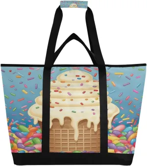 Ice Cream Reusable Insulated Lunchbox Cooler Bag, Leakproof Kitchen Grocery Bag Collapsible Portable Cooler Tote Bag for Picnic, Camping, Office, Travel