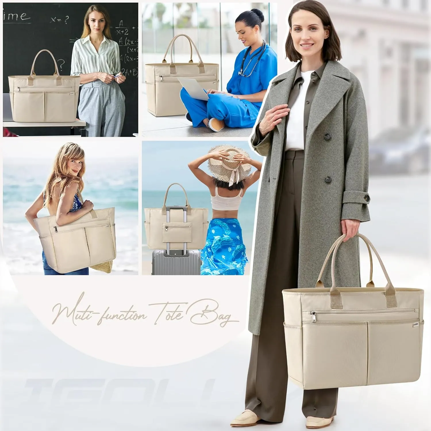 IGOLUMON Tote Bag with Zipper Large Beach Bags for Women Men 40L Waterproof Travel Gym Totes Bag Foldable Top Handle Handbag