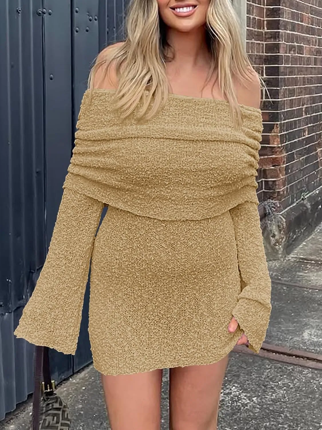 Imily Bela Womens Beach Swimsuit Cover Ups Summer Off The Shoulder Long Bell Sleeve Sheer Mini Dress