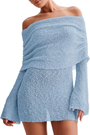 Imily Bela Womens Beach Swimsuit Cover Ups Summer Off The Shoulder Long Bell Sleeve Sheer Mini Dress