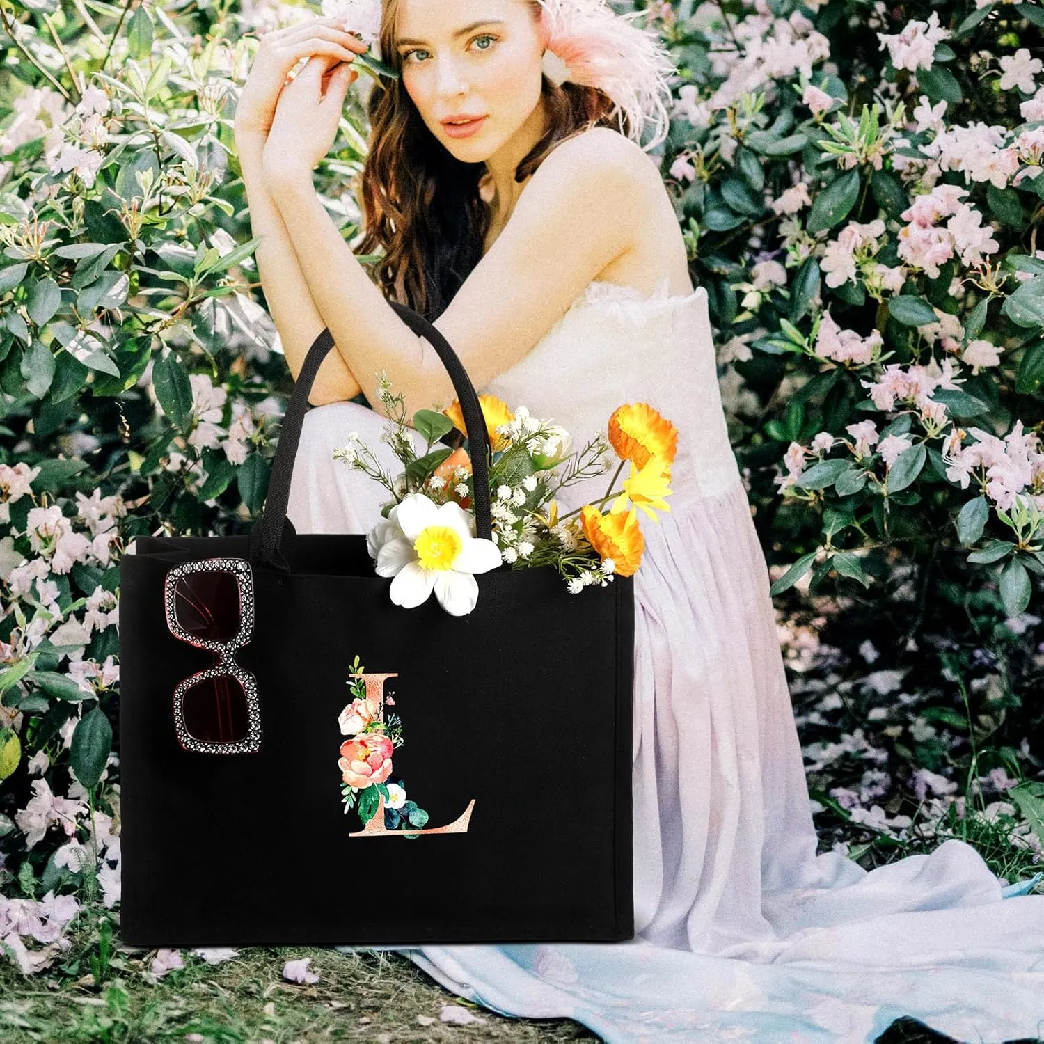 Initial Canvas Tote Bag for Women Personalized Birthday Gift Makeup Bag Monogram Initial Tumbler for Mother