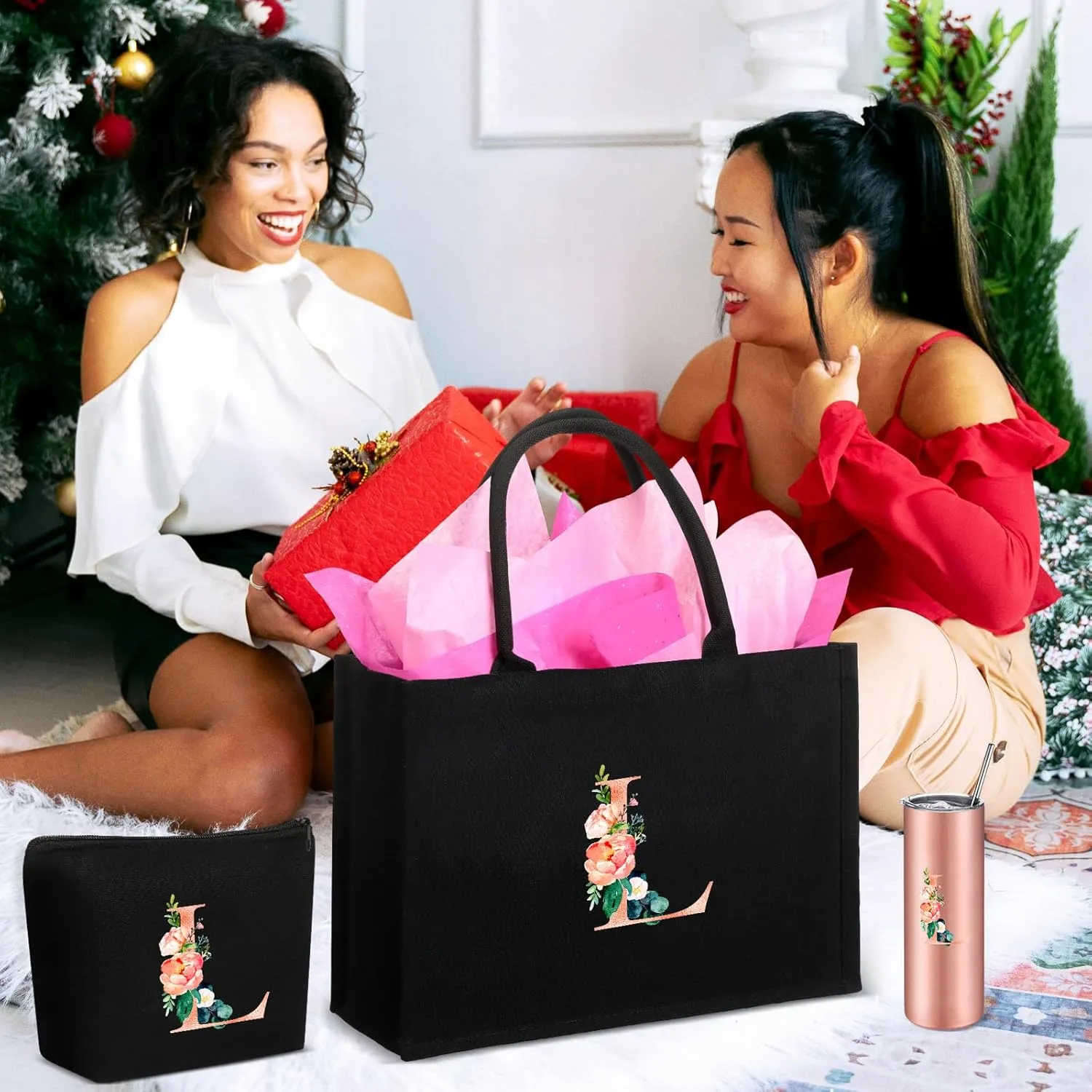 Initial Canvas Tote Bag for Women Personalized Birthday Gift Makeup Bag Monogram Initial Tumbler for Mother