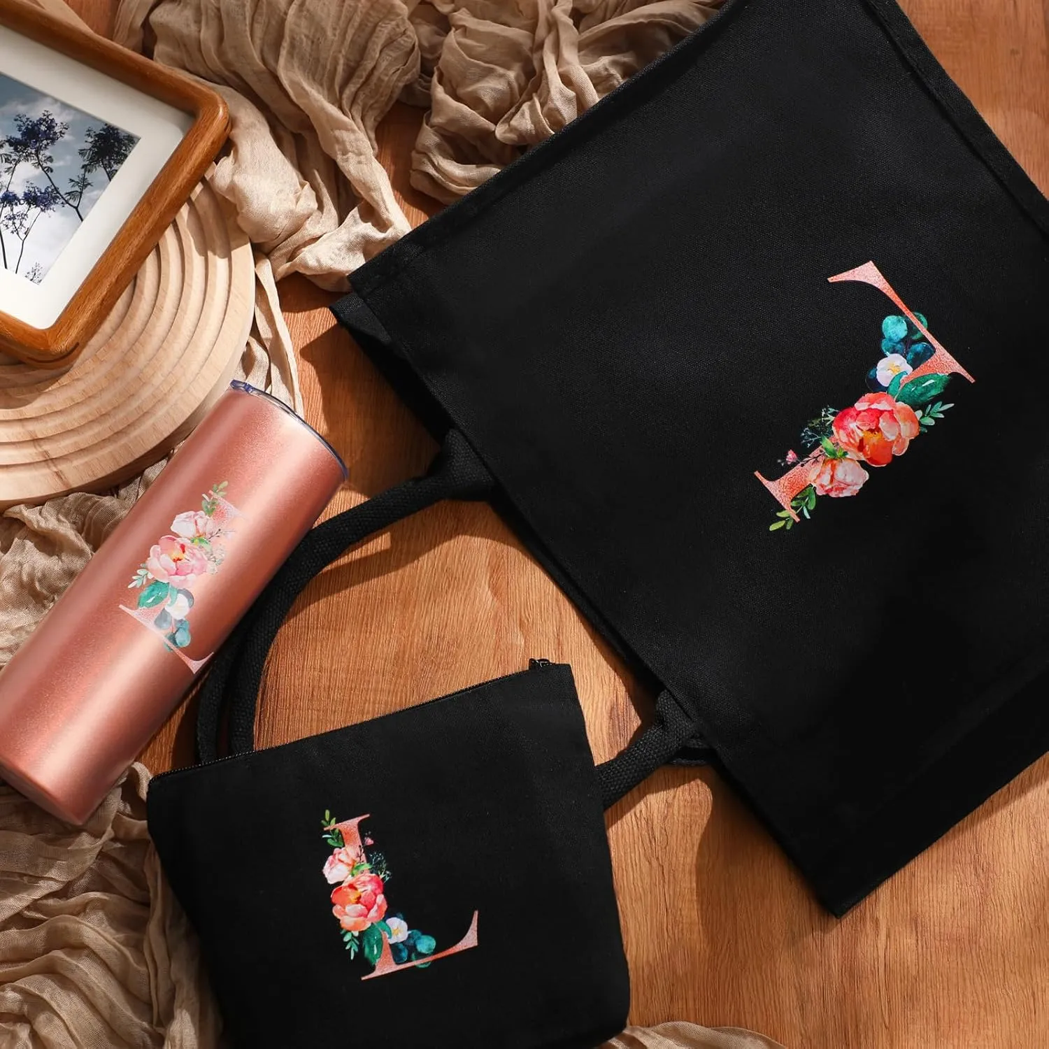Initial Canvas Tote Bag for Women Personalized Birthday Gift Makeup Bag Monogram Initial Tumbler for Mother