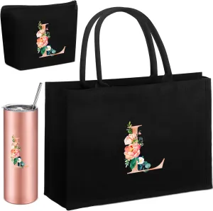 Initial Canvas Tote Bag for Women Personalized Birthday Gift Makeup Bag Monogram Initial Tumbler for Mother
