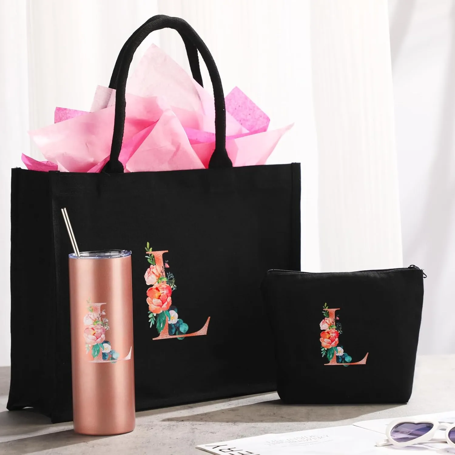 Initial Canvas Tote Bag for Women Personalized Birthday Gift Makeup Bag Monogram Initial Tumbler for Mother