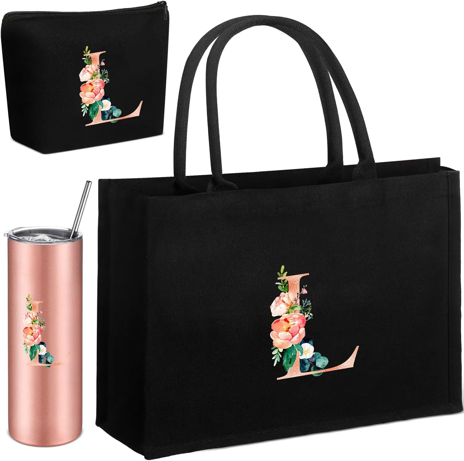 Initial Canvas Tote Bag for Women Personalized Birthday Gift Makeup Bag Monogram Initial Tumbler for Mother
