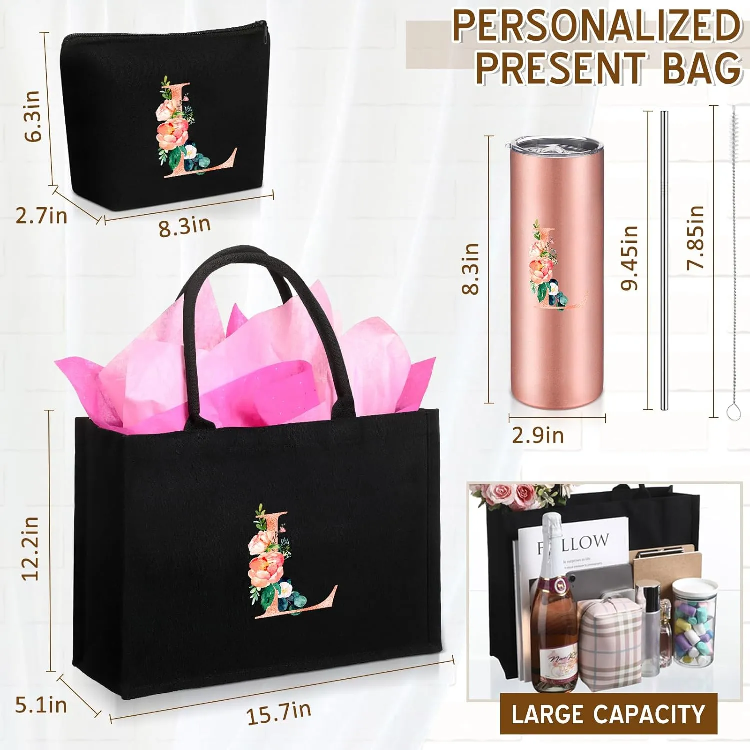 Initial Canvas Tote Bag for Women Personalized Birthday Gift Makeup Bag Monogram Initial Tumbler for Mother