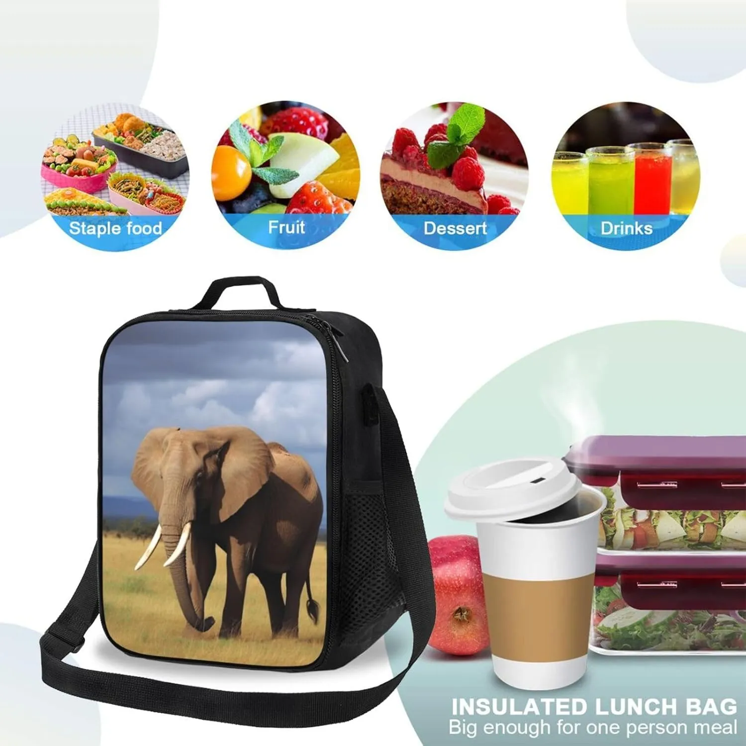 Insulated Lunch Bag for Women Men Grassland Elephant Lunch Box for Adult Reusable Lunch Tote Bag for Work Picnic Travel