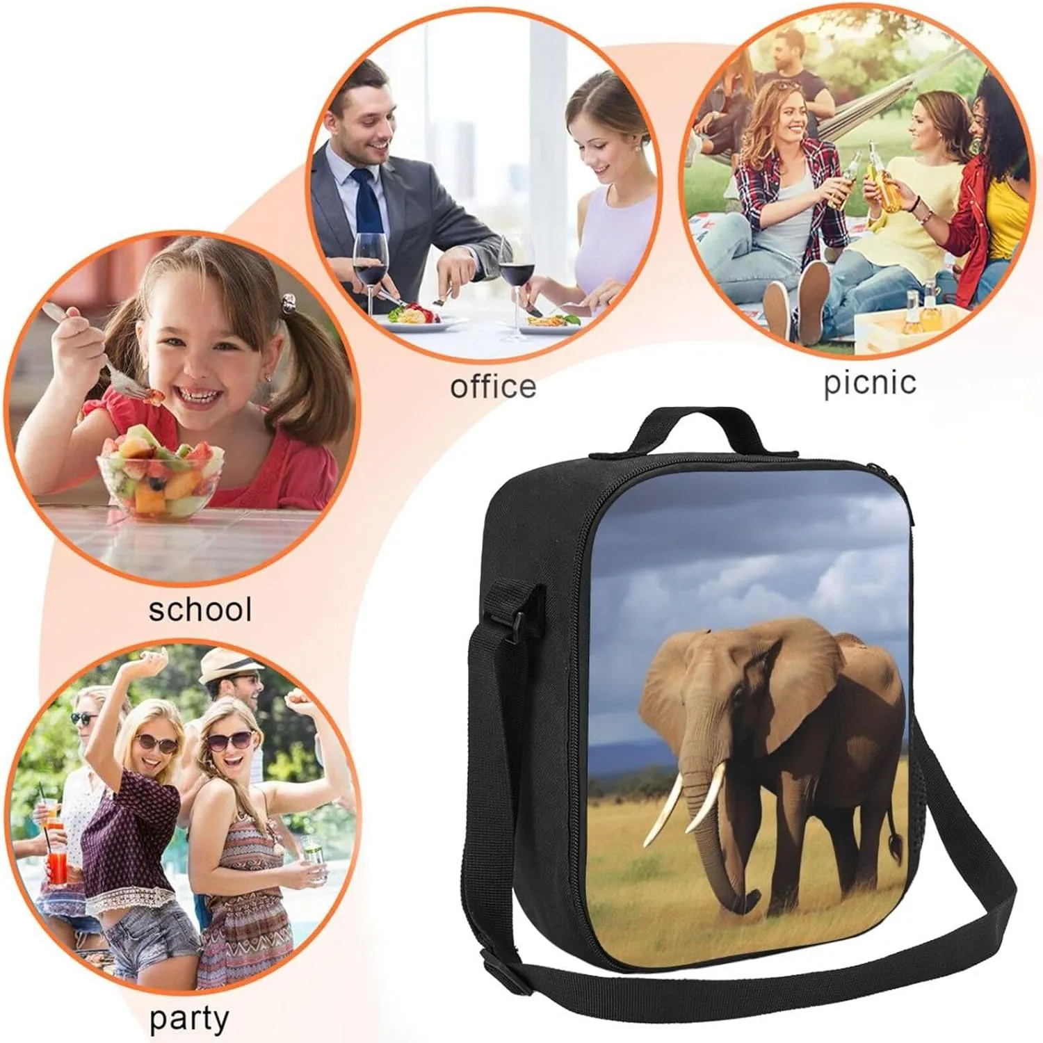 Insulated Lunch Bag for Women Men Grassland Elephant Lunch Box for Adult Reusable Lunch Tote Bag for Work Picnic Travel