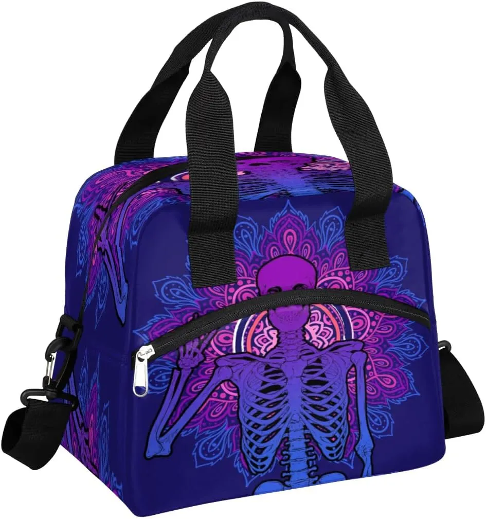 Insulated Lunch Bag Glowing Gestures Skulls Lunch Box for Women Men Reusable Lunch Tote Bag with Adjustable Shoulder Belt Portable Lunchbox Cooler Bag Organizer for Office Work Picnic