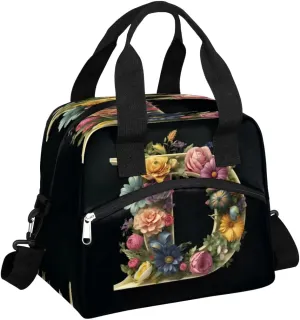 Insulated Lunch Bag Letter D Floral Lunch Box for Women Men Reusable Lunch Tote Bag with Adjustable Shoulder Belt Portable Lunchbox Cooler Bag Organizer for Office Work Picnic