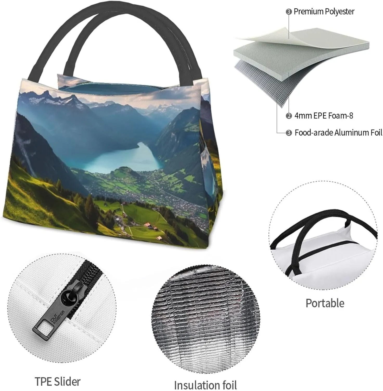 Insulated Lunch Bag Lunch box for Women Men Reusable Cooler Bag Switzerland Alps Lunch Bag Portable Lunch Tote Bag Leakproof Lunchbox for Work Travel Picnic Office