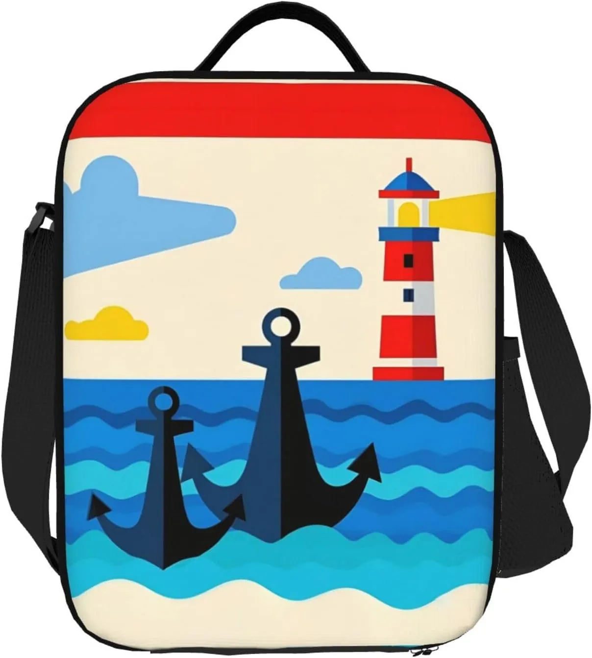 Insulated Lunch Bag with Shoulder Strap, Reusable Lunch Box with Handle, Leakproof Thermal Meal Cooler Travel Tote Shoulder Bag Handbags for Office Work Picnic, Ocean Anchor Lighthouse