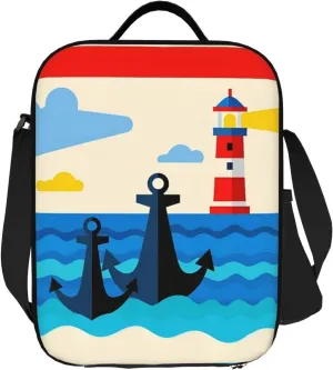 Insulated Lunch Bag with Shoulder Strap, Reusable Lunch Box with Handle, Leakproof Thermal Meal Cooler Travel Tote Shoulder Bag Handbags for Office Work Picnic, Ocean Anchor Lighthouse