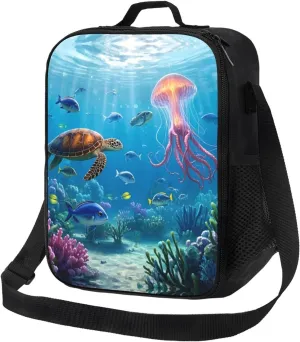 Insulated Lunch Bag with Shoulder Strap, Reusable Lunch Box with Handle, Leakproof Thermal Meal Cooler Travel Tote Shoulder Bag Handbags for Office Work Picnic, Underwater Turtle Jellyfish Fish Coral