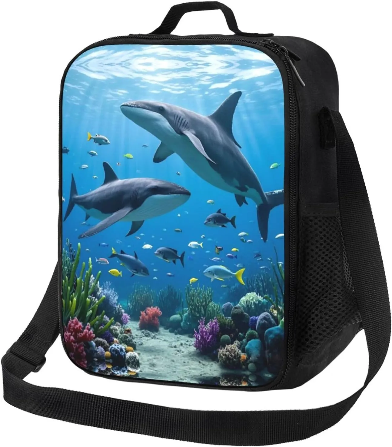 Insulated Lunch Bag with Shoulder Strap, Reusable Lunch Box with Handle, Leakproof Thermal Meal Cooler Travel Tote Shoulder Bag Handbags for Office Work Picnic, Underwater Whales Fish Corals