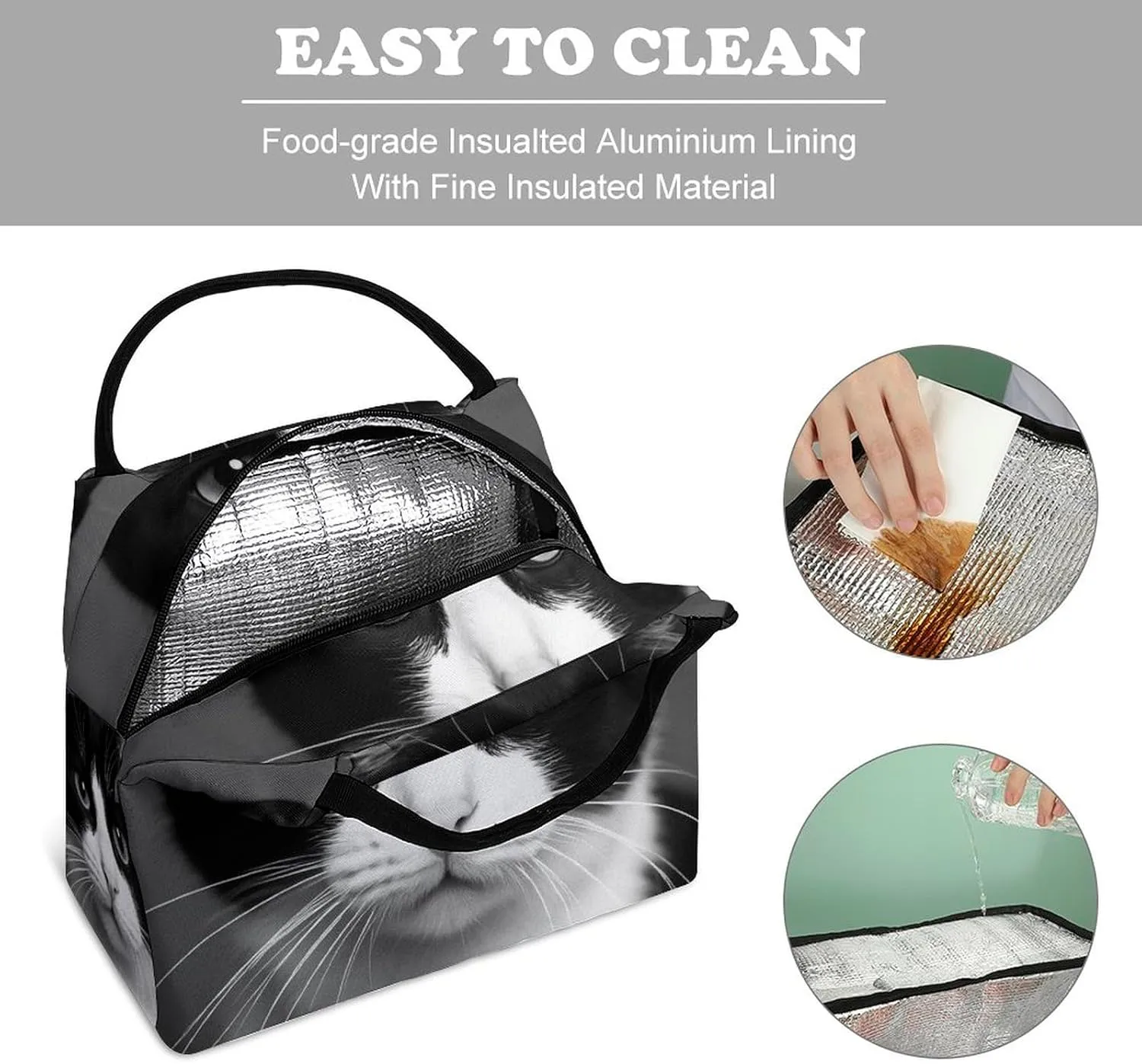 Insulated Lunch Tote Bag for Women, Cute Large Capacity Lunch Box Waterproof Thermal Cooler Bags White Black Cat Handbags