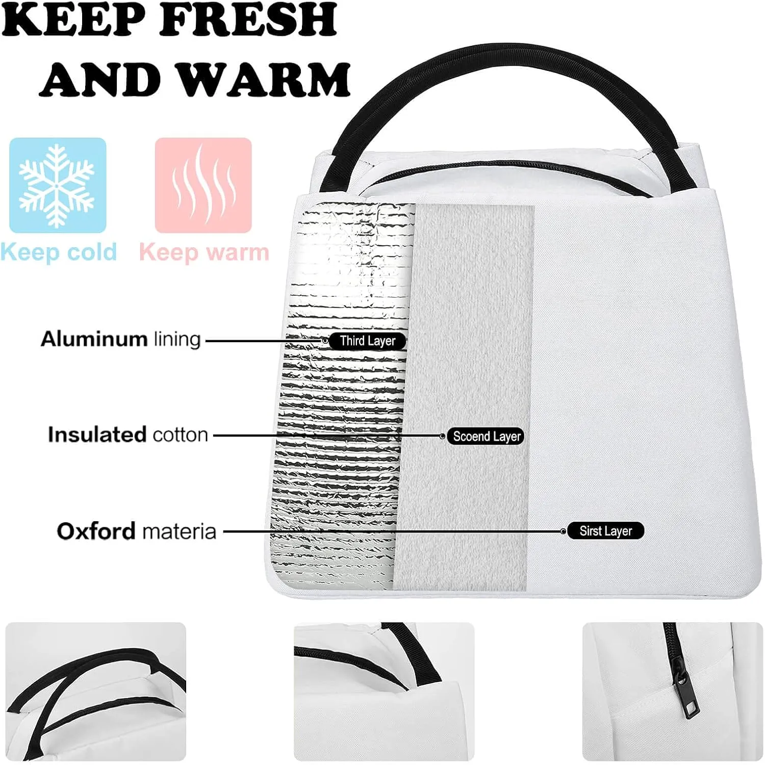 Insulated Lunch Tote Bag for Women, Cute Large Capacity Lunch Box Waterproof Thermal Cooler Bags White Black Cat Handbags