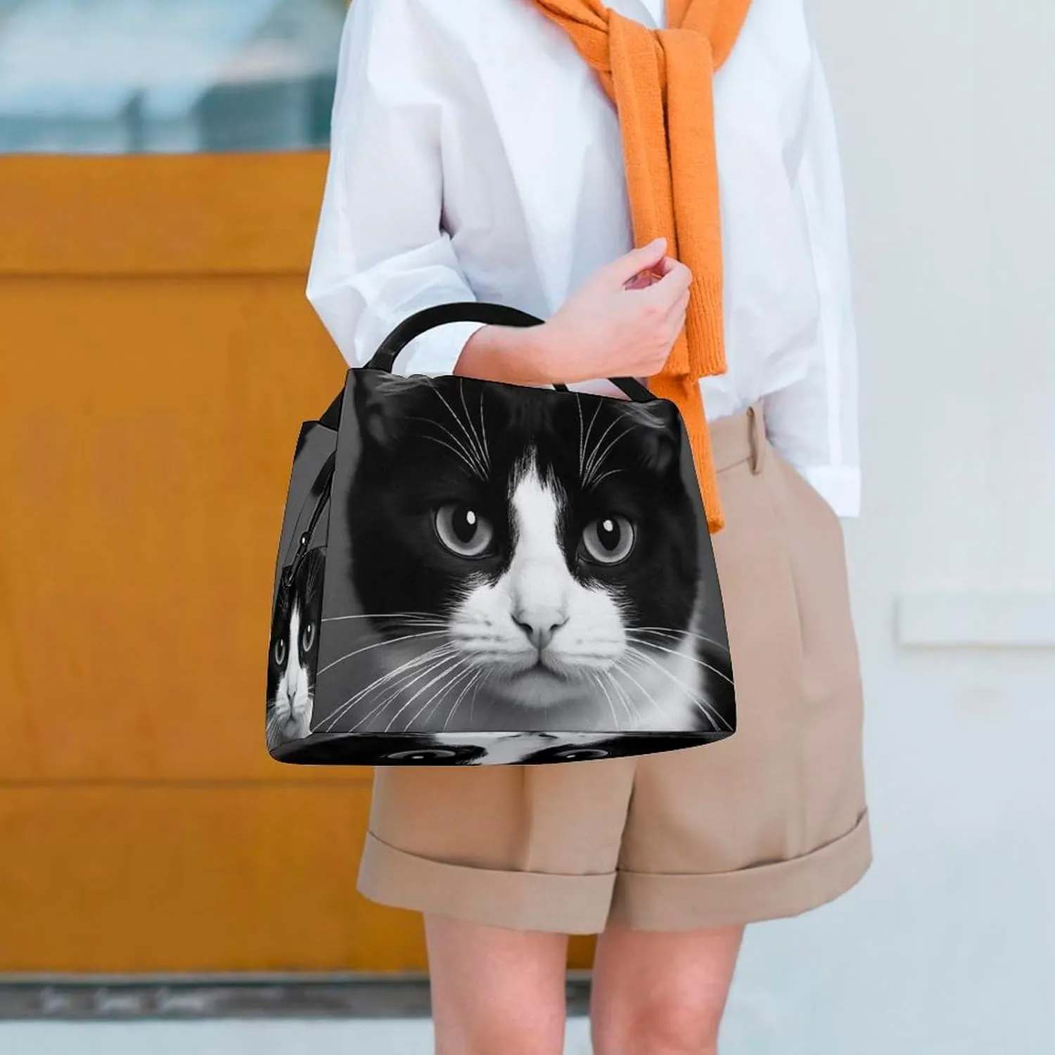 Insulated Lunch Tote Bag for Women, Cute Large Capacity Lunch Box Waterproof Thermal Cooler Bags White Black Cat Handbags