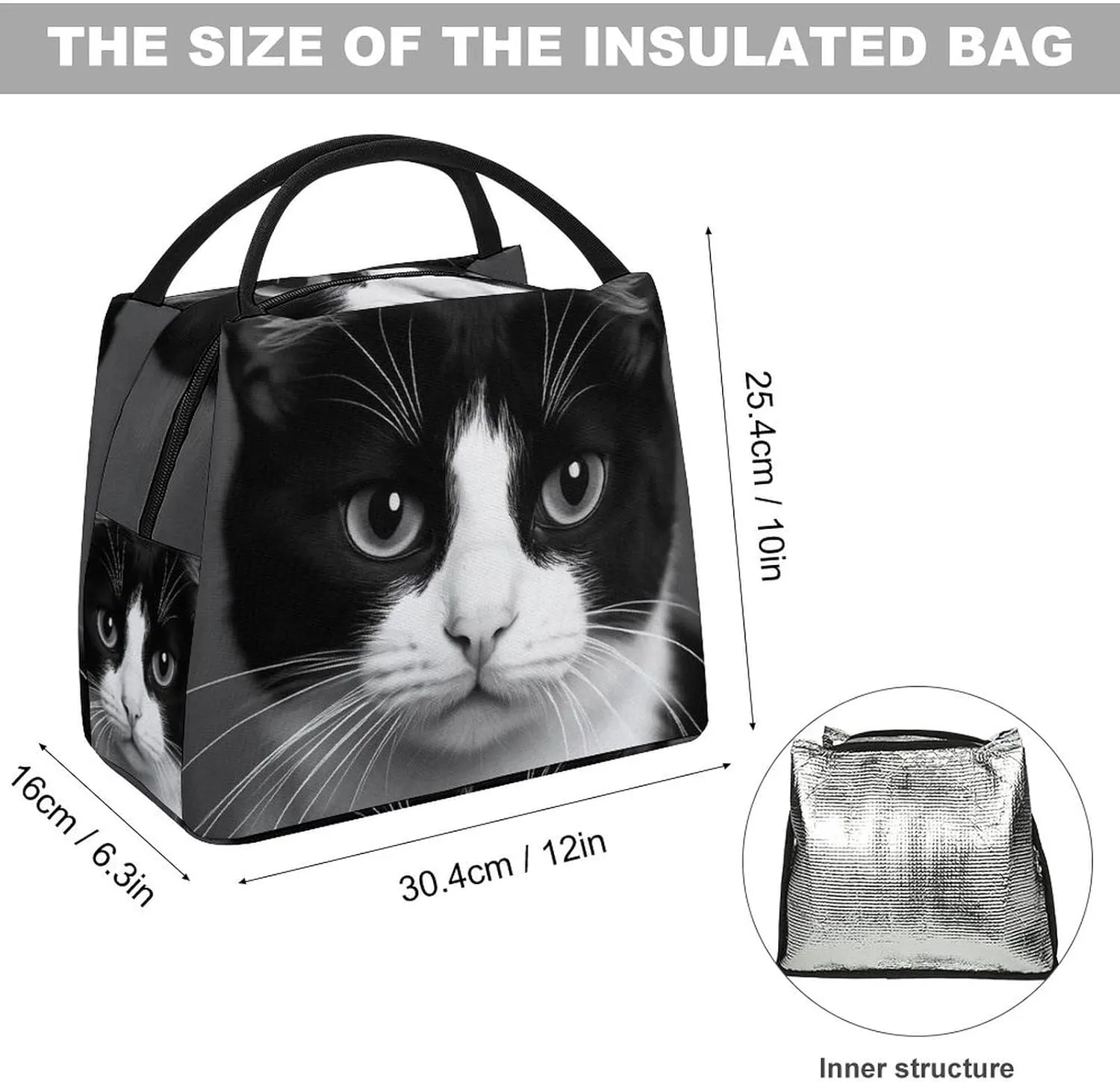 Insulated Lunch Tote Bag for Women, Cute Large Capacity Lunch Box Waterproof Thermal Cooler Bags White Black Cat Handbags