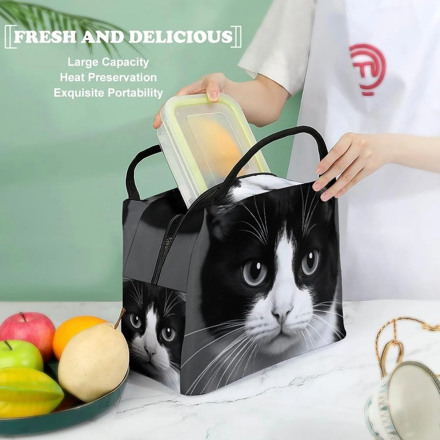 Insulated Lunch Tote Bag for Women, Cute Large Capacity Lunch Box Waterproof Thermal Cooler Bags White Black Cat Handbags