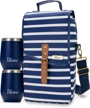 Insulated Wine Tote Bag With 2 Stainless Wine Glasses. 2 Bottle Wine Bag For Boating Travel. Wine Cooler Bag For Beach. Portable Wine Carrier & Tumblers For Picnic. Outdoor Wine Lovers Gift