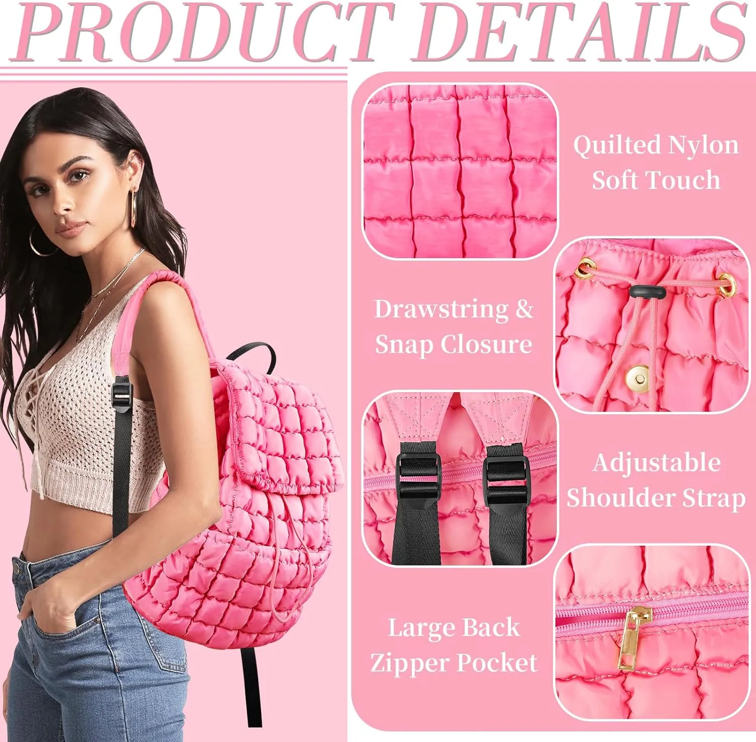 IzuztA Quilted Puffer Backpack for Women, Lightweight Soft Nylon Quilted Hiker Pack Top Flap Drawstring Backpack, Trendy Puffy Padding Gym Travel Bag for Casual Daypack Hiking Sport (Pink)
