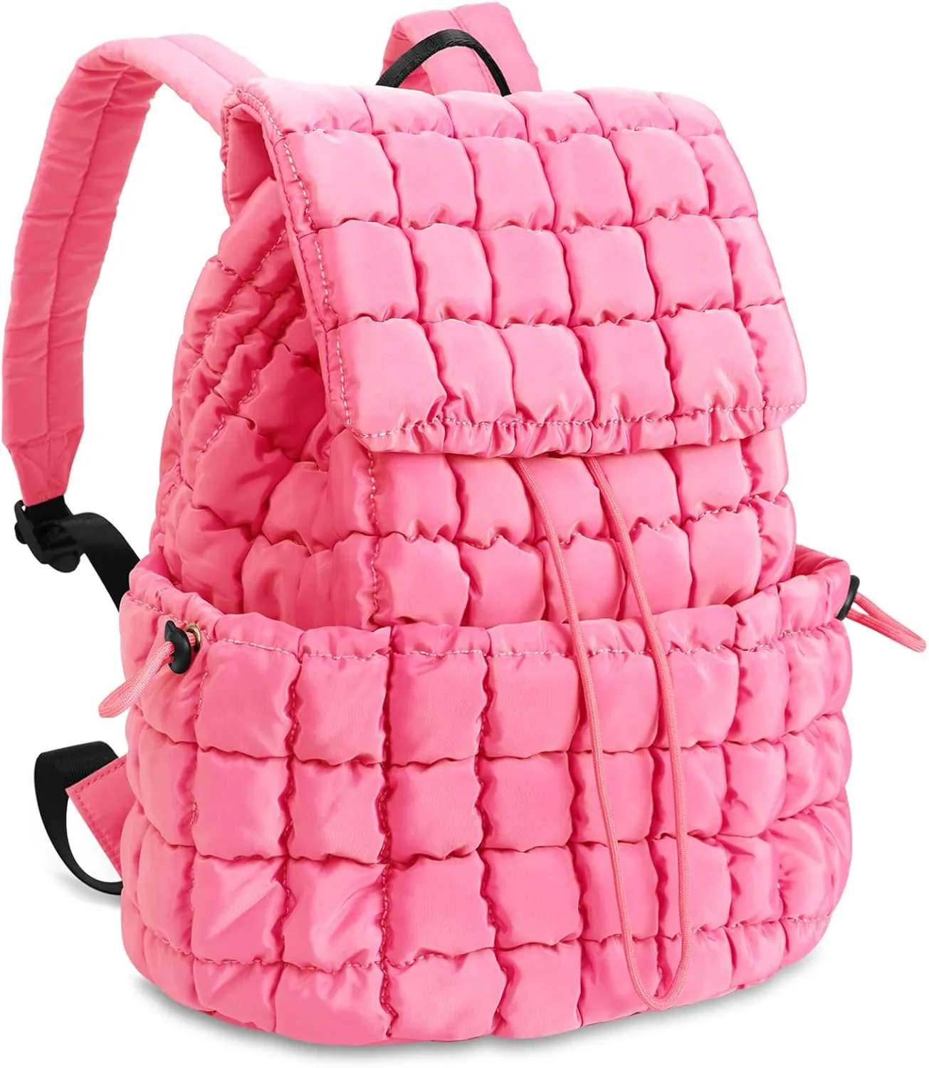 IzuztA Quilted Puffer Backpack for Women, Lightweight Soft Nylon Quilted Hiker Pack Top Flap Drawstring Backpack, Trendy Puffy Padding Gym Travel Bag for Casual Daypack Hiking Sport (Pink)