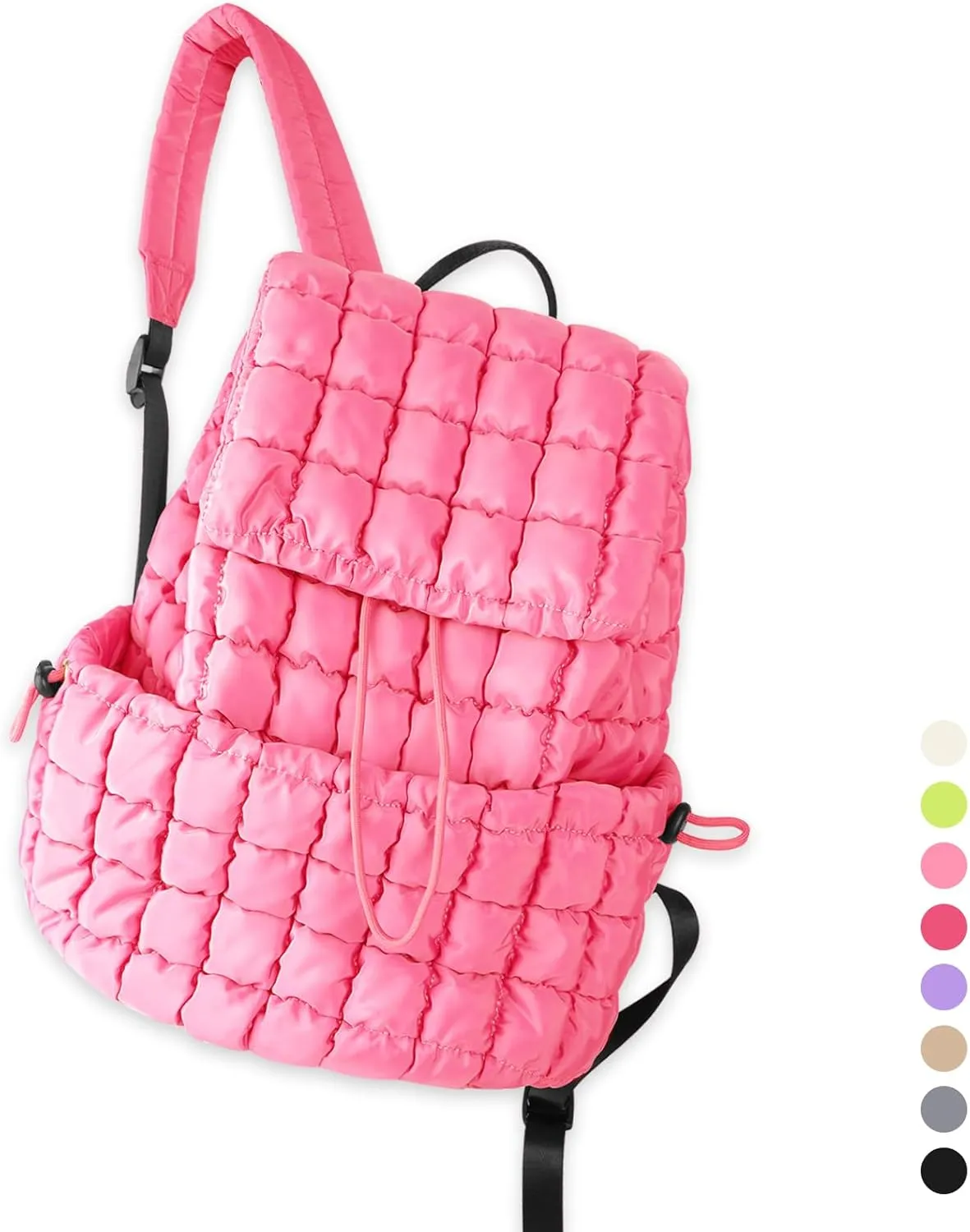 IzuztA Quilted Puffer Backpack for Women, Lightweight Soft Nylon Quilted Hiker Pack Top Flap Drawstring Backpack, Trendy Puffy Padding Gym Travel Bag for Casual Daypack Hiking Sport (Pink)