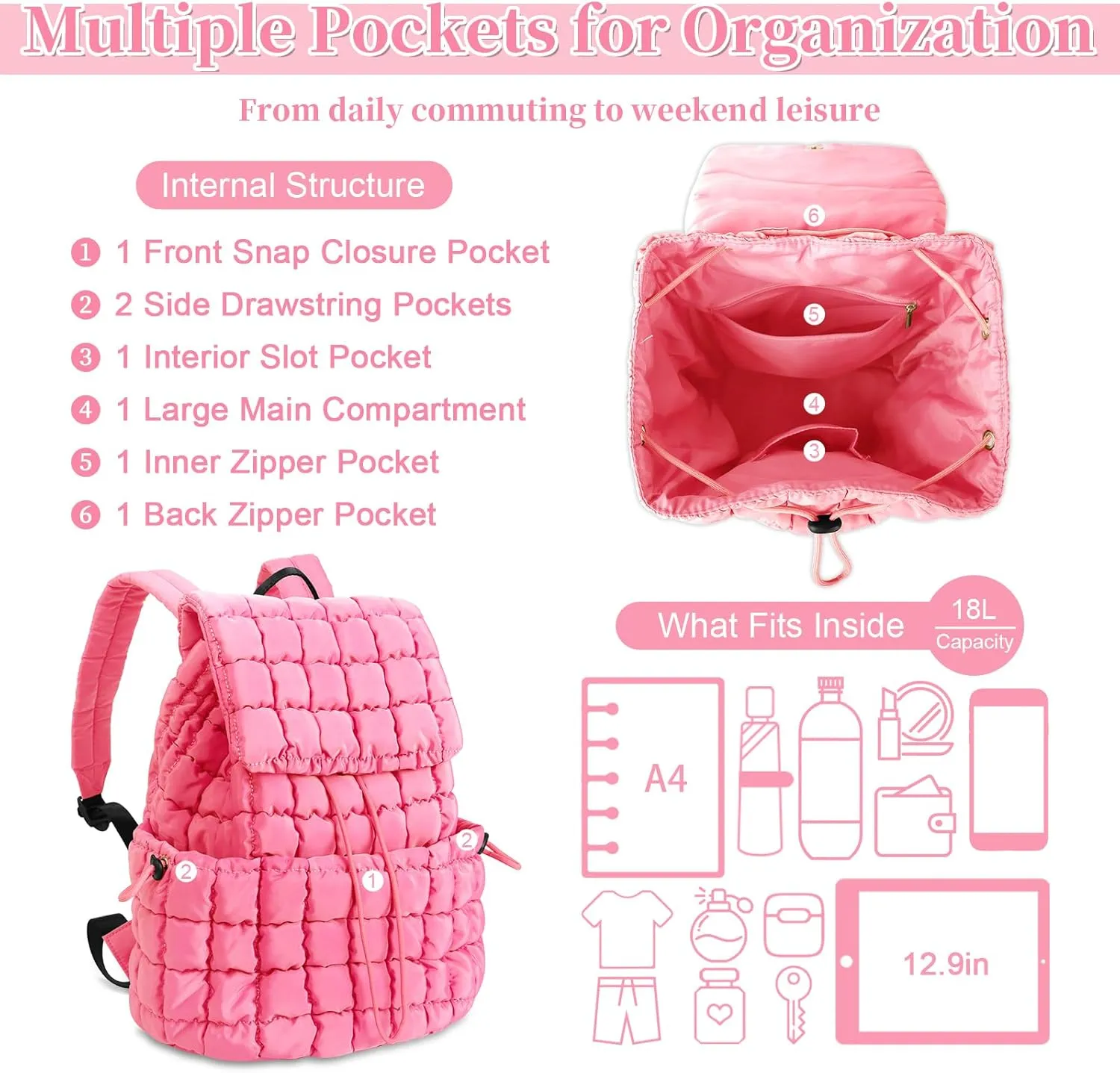 IzuztA Quilted Puffer Backpack for Women, Lightweight Soft Nylon Quilted Hiker Pack Top Flap Drawstring Backpack, Trendy Puffy Padding Gym Travel Bag for Casual Daypack Hiking Sport (Pink)