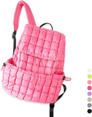 IzuztA Quilted Puffer Backpack for Women, Lightweight Soft Nylon Quilted Hiker Pack Top Flap Drawstring Backpack, Trendy Puffy Padding Gym Travel Bag for Casual Daypack Hiking Sport (Pink)