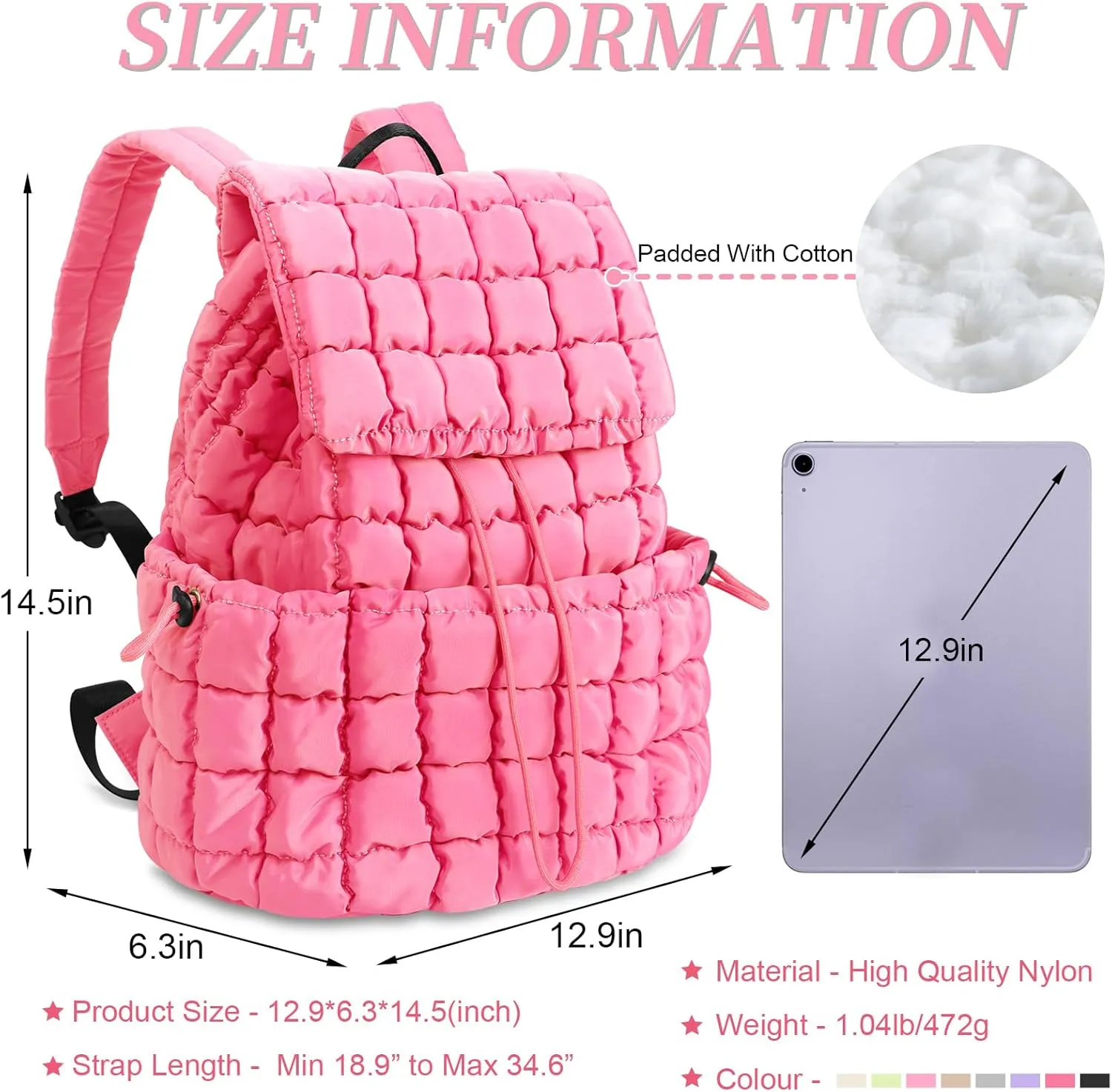 IzuztA Quilted Puffer Backpack for Women, Lightweight Soft Nylon Quilted Hiker Pack Top Flap Drawstring Backpack, Trendy Puffy Padding Gym Travel Bag for Casual Daypack Hiking Sport (Pink)