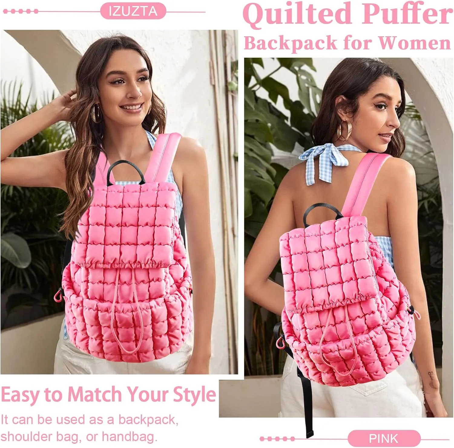IzuztA Quilted Puffer Backpack for Women, Lightweight Soft Nylon Quilted Hiker Pack Top Flap Drawstring Backpack, Trendy Puffy Padding Gym Travel Bag for Casual Daypack Hiking Sport (Pink)