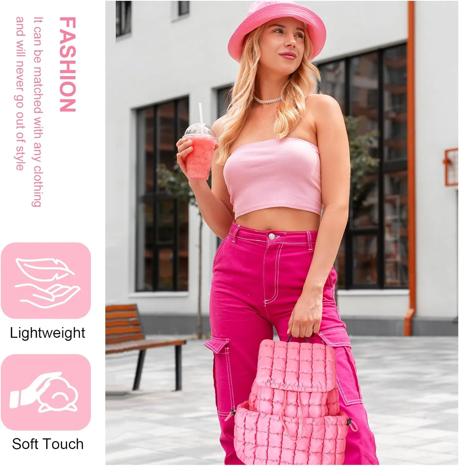 IzuztA Quilted Puffer Backpack for Women, Lightweight Soft Nylon Quilted Hiker Pack Top Flap Drawstring Backpack, Trendy Puffy Padding Gym Travel Bag for Casual Daypack Hiking Sport (Pink)