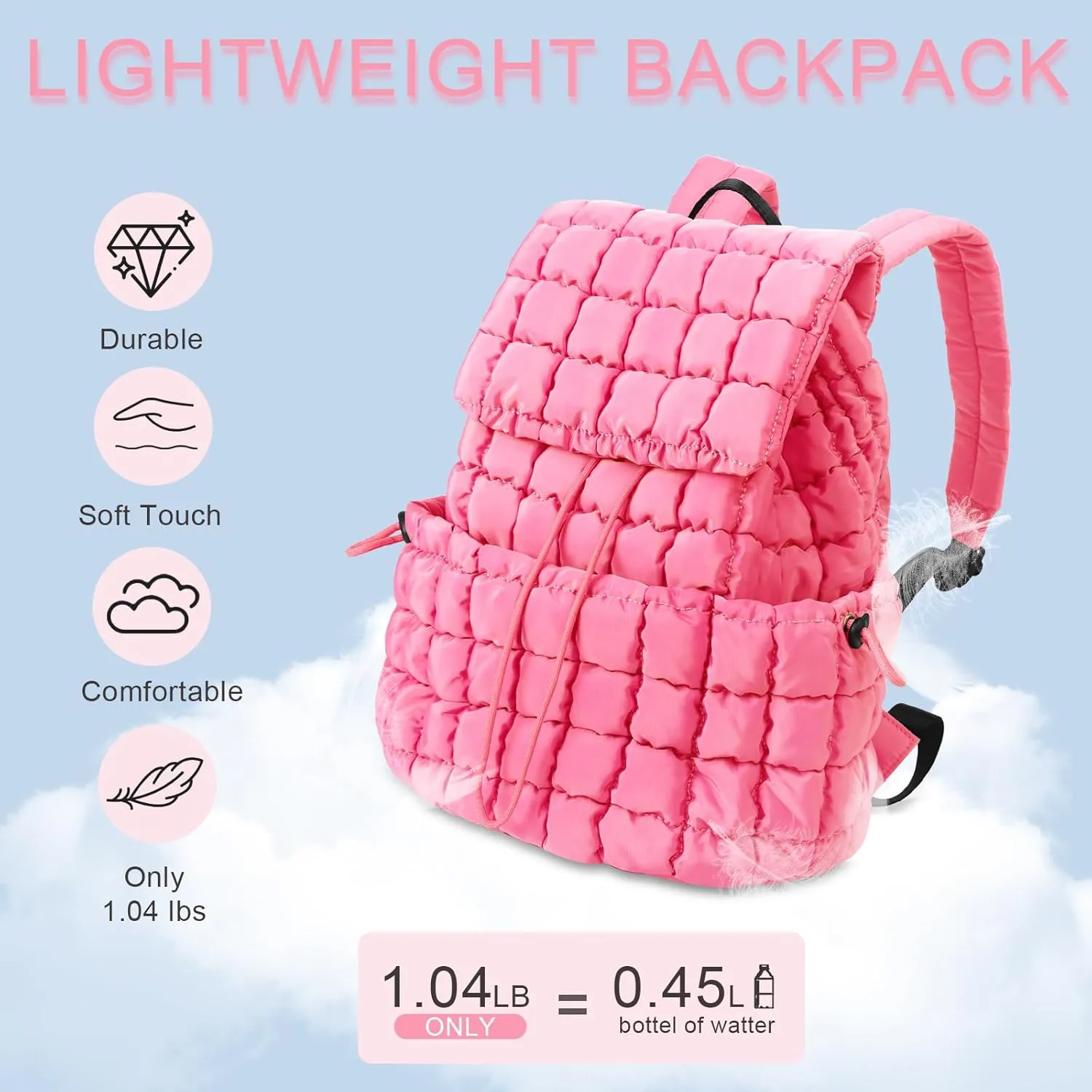 IzuztA Quilted Puffer Backpack for Women, Lightweight Soft Nylon Quilted Hiker Pack Top Flap Drawstring Backpack, Trendy Puffy Padding Gym Travel Bag for Casual Daypack Hiking Sport (Pink)